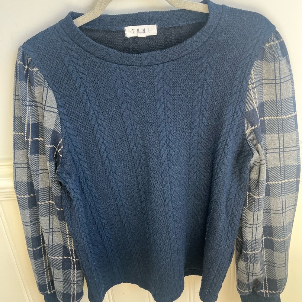 THML Navy and Gray Plaid Sleeve Sweater/Top